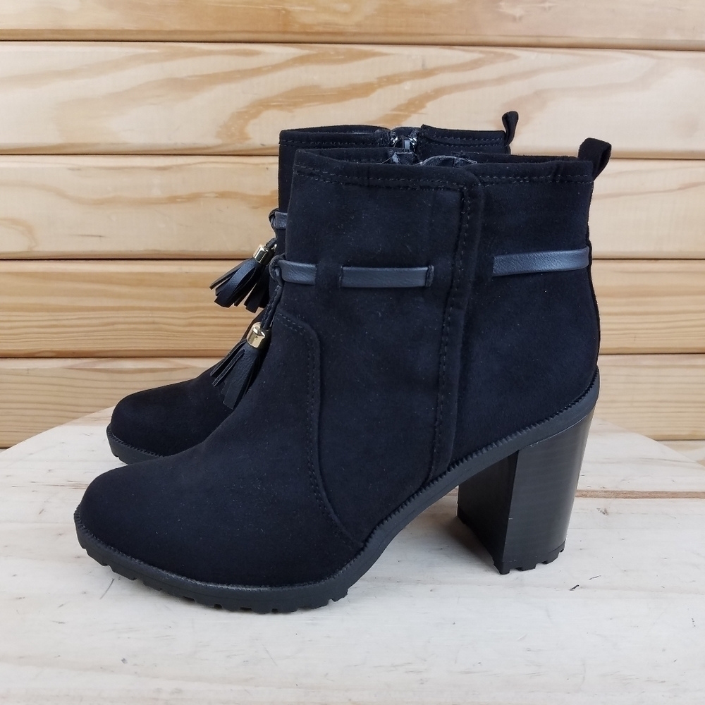 NEW Jaclyn Smith Rubi Booties Faux Suede High Heel 6 US Boot Black Boho Biker